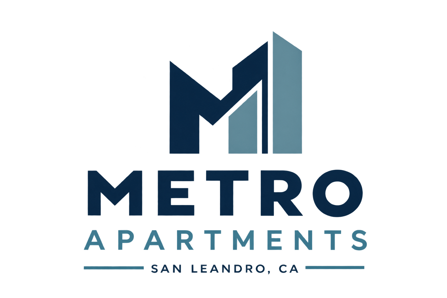 A logo for Metro Apartments in San Leandro, CA.